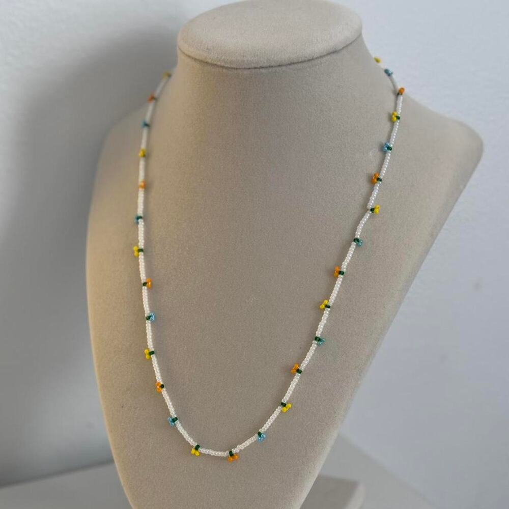 White Beaded Necklace Multi Color Handmade Unique Jewelry Gift Artisan Necklace - Picture 3 of 3